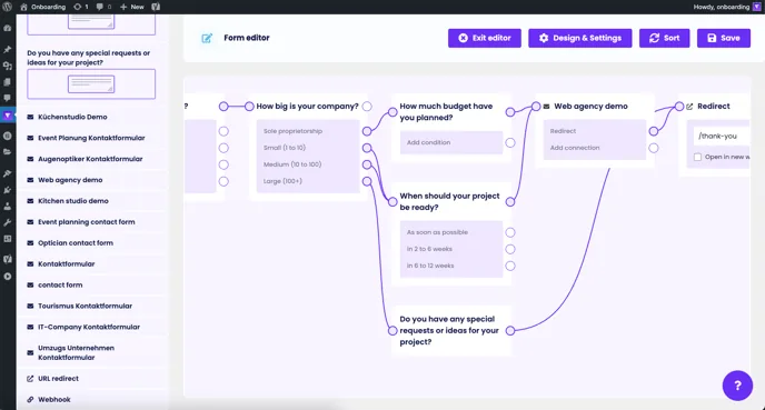 Form logic: the branches merge again before the contact form and the redirect