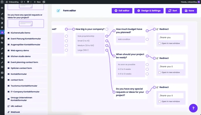 Form logic without a contact form: each branch ends in its own redirect (thank-you pages 1–3)