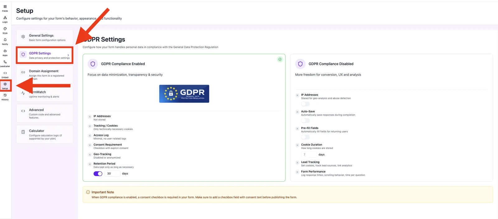 Setup → GDPR Settings: GDPR compliance enabled or disabled with the related options