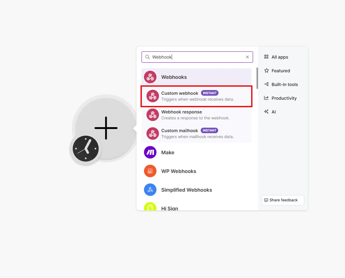 Make: App-Suche „Webhook“ mit markiertem Modul „Custom webhook“