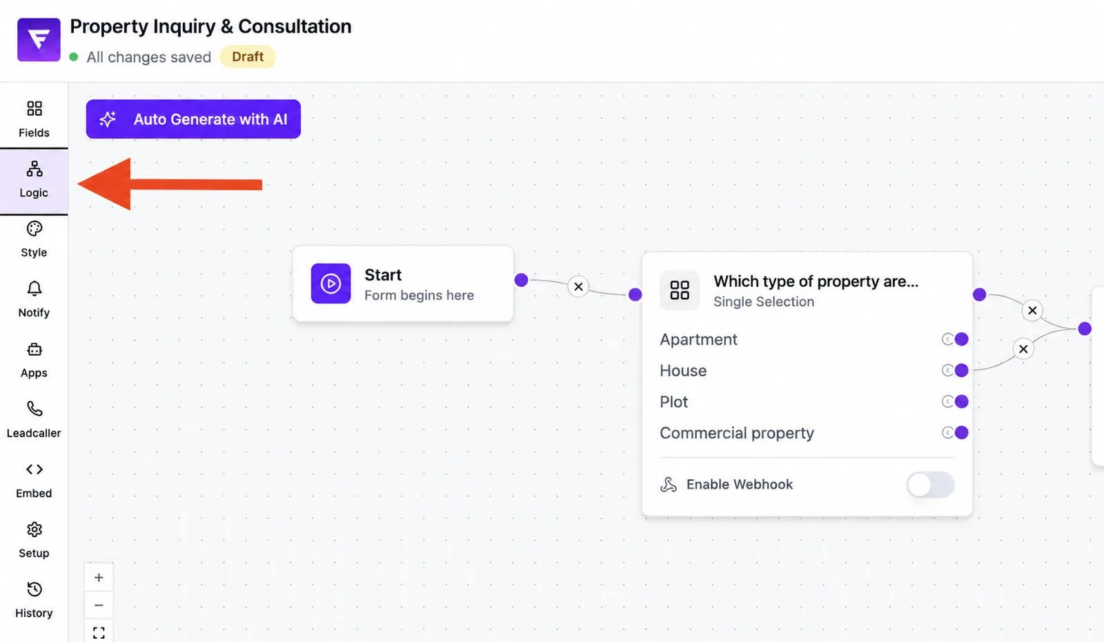 Form editor with an arrow on the Logic section and the flow view with Start and the first question