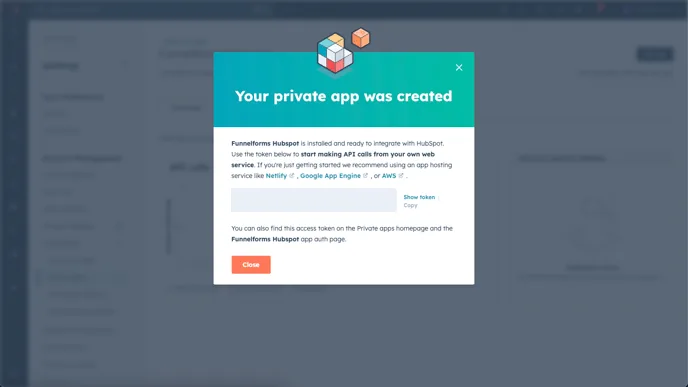 HubSpot: “Your private app was created” notice with access token and “Show token” link
