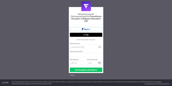 Paddle-Fenster „Aktualisierung der Zahlungsmethode“ mit PayPal, Google Pay und leeren Kartenfeldern