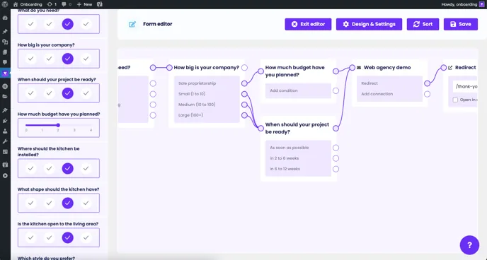 Form logic: company size answers lead to different follow-up questions