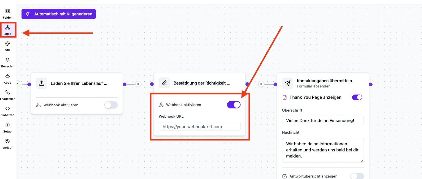 Logik-Ansicht: „Webhook aktivieren“ an einer Frage eingeschaltet, Feld Webhook URL mit Platzhalter