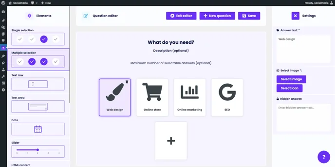 Question editor: multiple selection, answer “Web design” selected with answer settings on the right