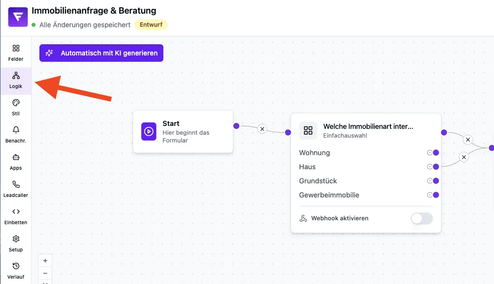 Formular-Editor mit Pfeil auf den Bereich Logik und Flow-Ansicht mit Start und erster Frage