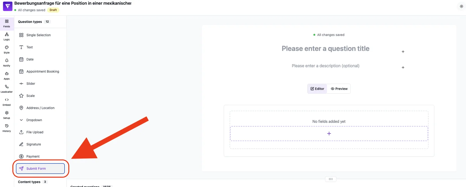 Form editor with an arrow pointing to the “Submit Form” question type