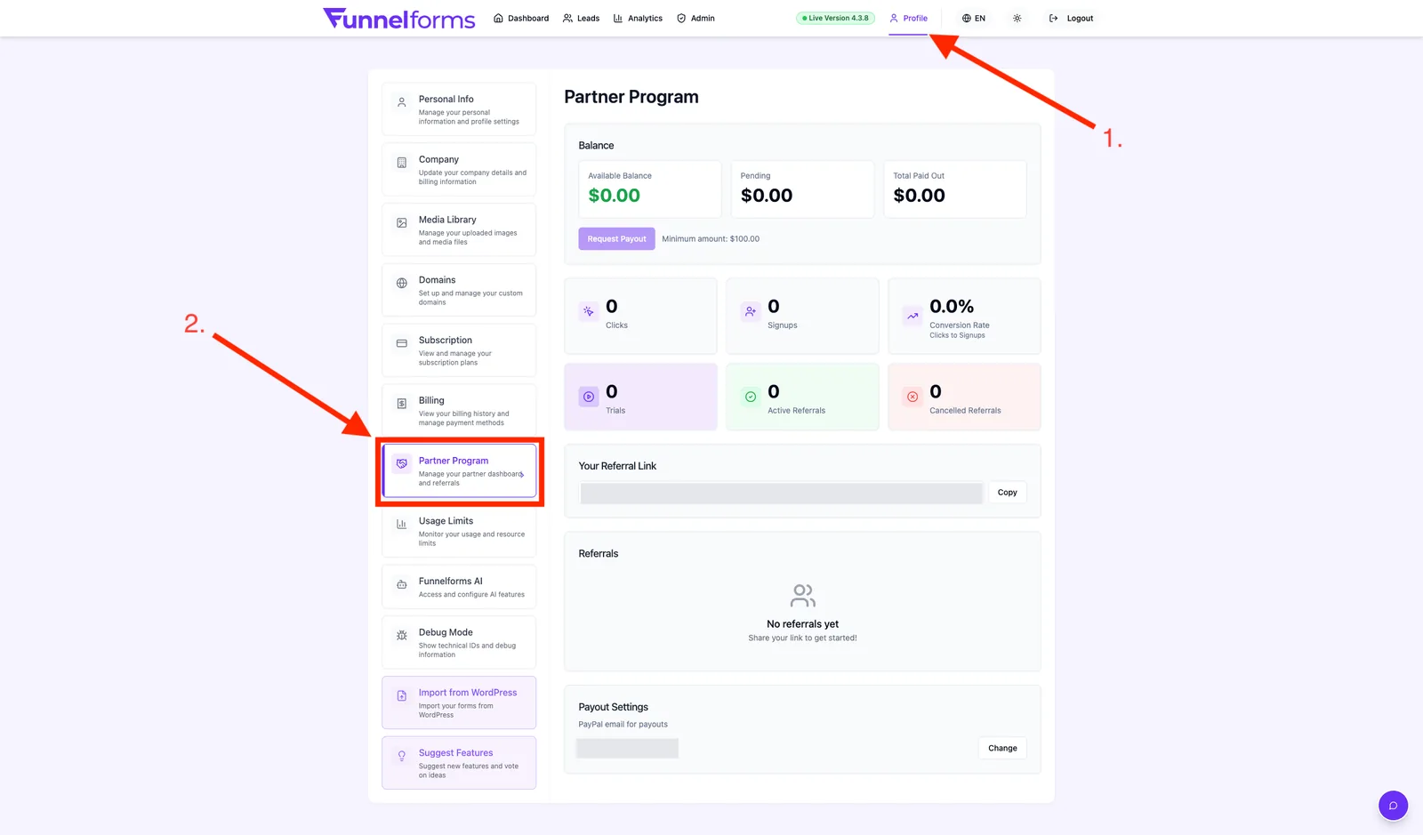 Profile → Partner Program with balance, key figures, referral link and payout settings
