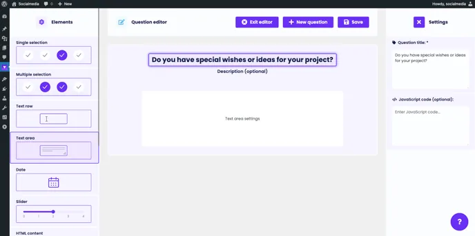Question editor: text area with the question title and the “Text area settings” field