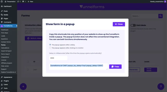 Pop-up after delay: generated shortcode selected, Copy button next to it