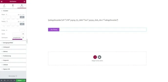 Elementor: button with the CSS class for the popup and the shortcode for “pop-up after click”
