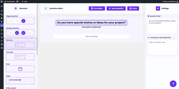 Question editor: text row with the title “Do you have special wishes or ideas for your project?”