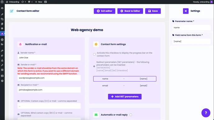 Contact form settings: redirect parameters “name” → name and “email” → email added