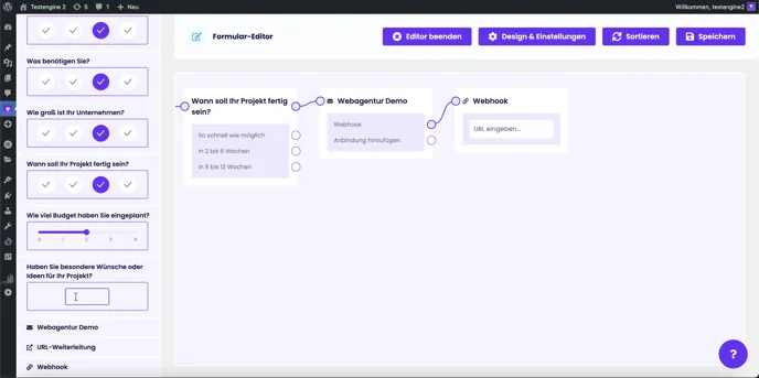 Formular-Editor: Element Webhook mit URL-Feld, verbunden mit dem Kontaktformular
