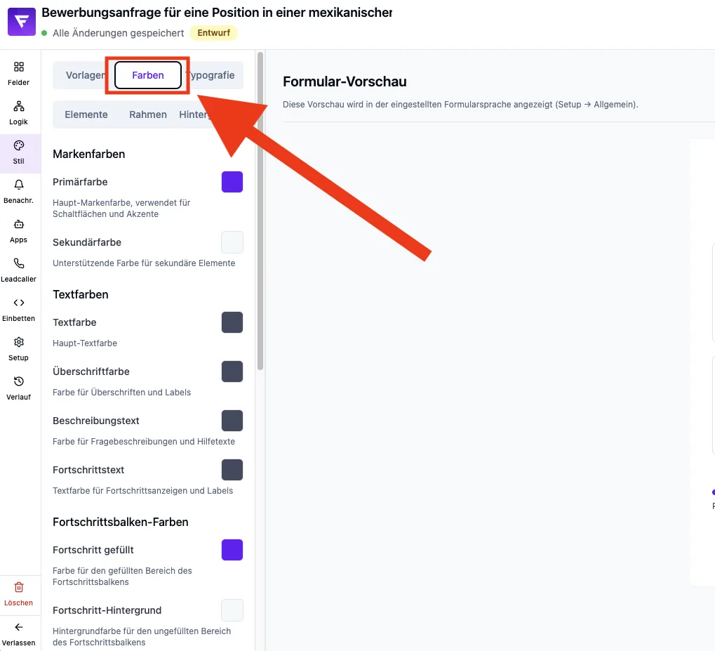 Style-Editor mit markiertem Reiter Farben: Marken-, Text- und Fortschrittsbalken-Farben