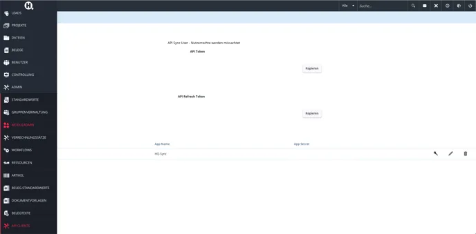 helloHQ → API-Clients: App „HQ-Sync“ mit API-Token, Refresh-Token und App-Secret