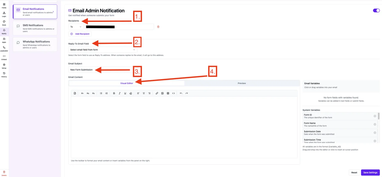 Email admin notification in four steps: recipients, reply-to field, subject and email content