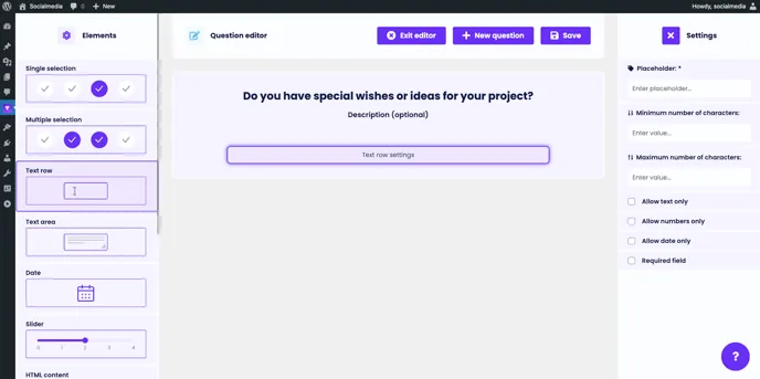 Question editor: text row settings with placeholder, character limits and input restrictions