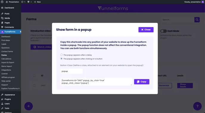 Pop-up after click: button class “popup” entered and the generated shortcode