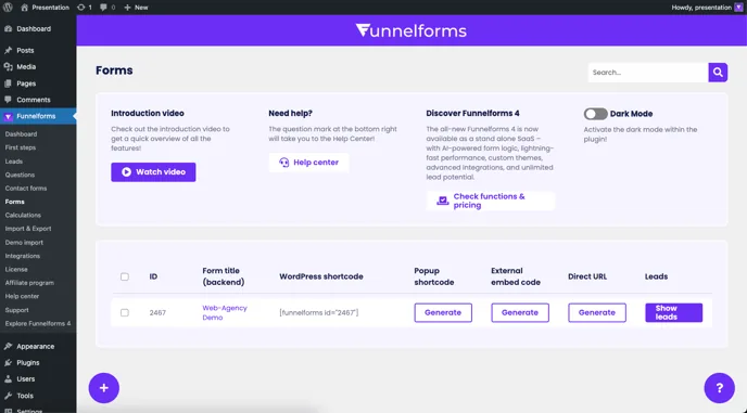 Funnelforms Pro → Forms with the form “Web-Agency Demo” and the Generate buttons