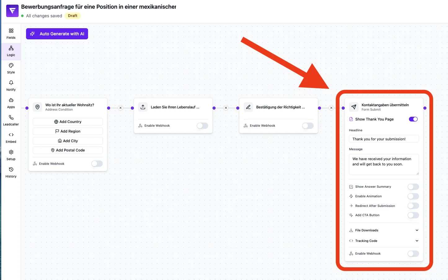 Logic view with the submit node highlighted: thank-you page with headline, message and further options