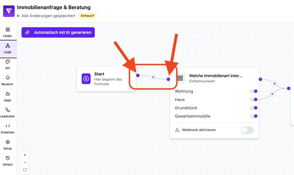 Logik-Editor: Verbindung vom Start-Knoten zur ersten Frage ist markiert