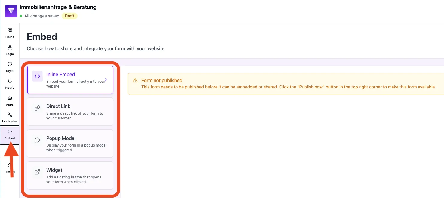Embed section with the options Inline Embed, Direct Link, Popup Modal and Widget