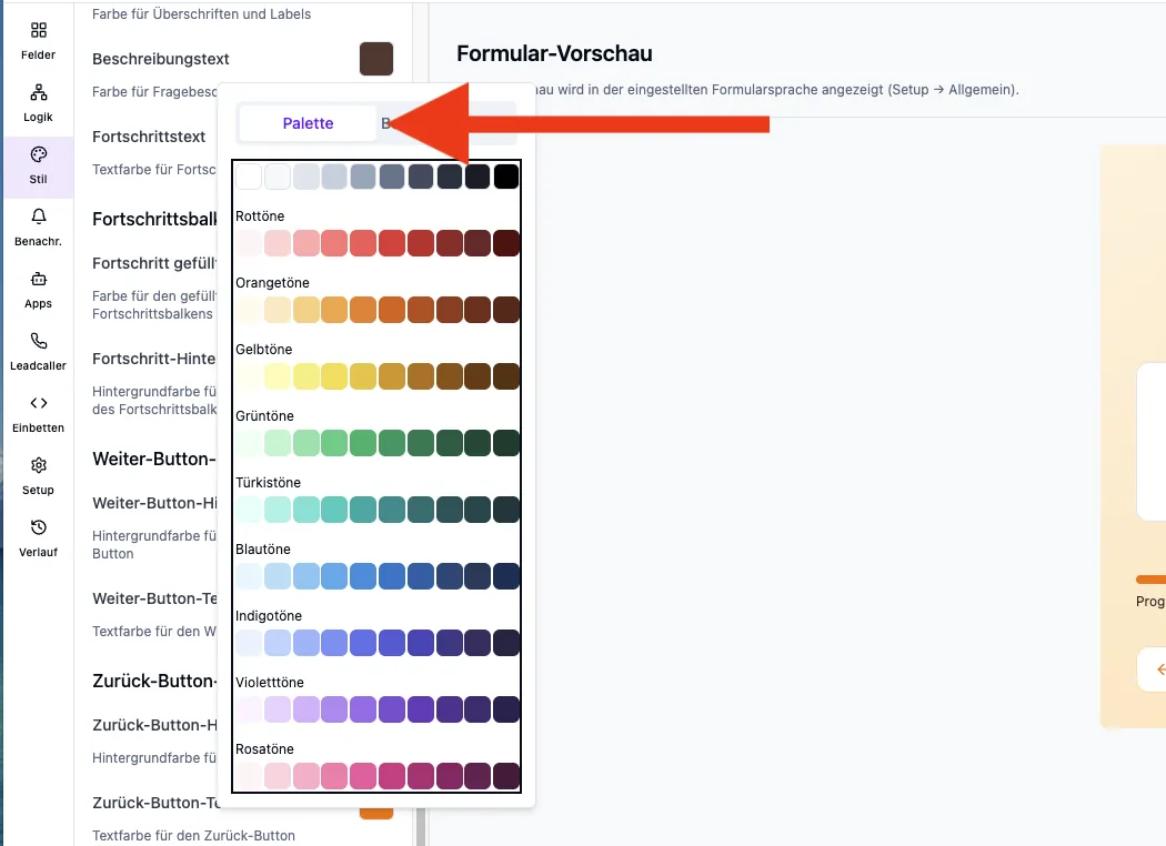 Geöffneter Farb-Picker mit Reiter Palette und Farbtönen von Rot bis Rosa