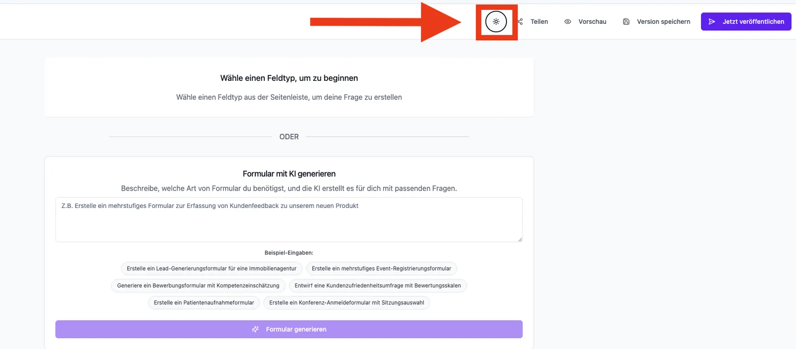 Formular-Editor mit Pfeil auf den Hell-/Dunkel-Schalter oben rechts