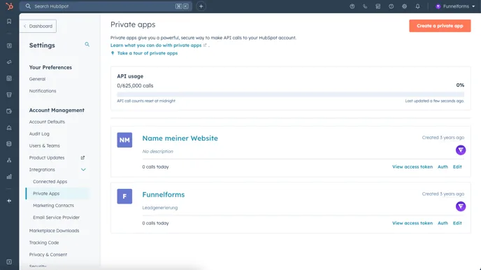 HubSpot → Integrations → Private apps with two apps and the “View access token” links