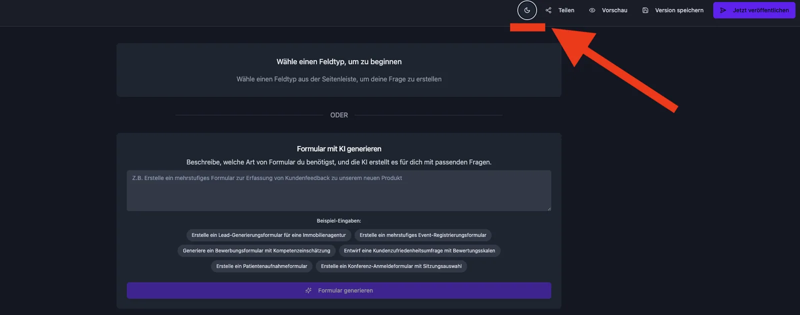Formular-Editor im Dark Mode mit Pfeil auf den Mond-Schalter oben rechts