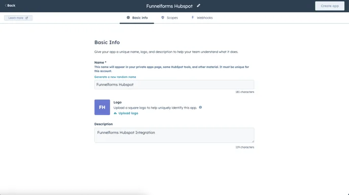 HubSpot: creating a private app, Basic Info tab with name, logo and description