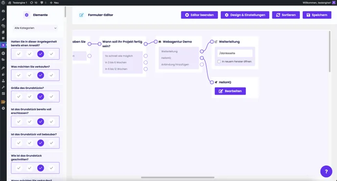 Formular-Editor: Element HelloHQ mit dem Kontaktformular verbunden, Schaltfläche Bearbeiten
