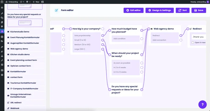 Form logic: three follow-up questions in the branch lead together to the contact form