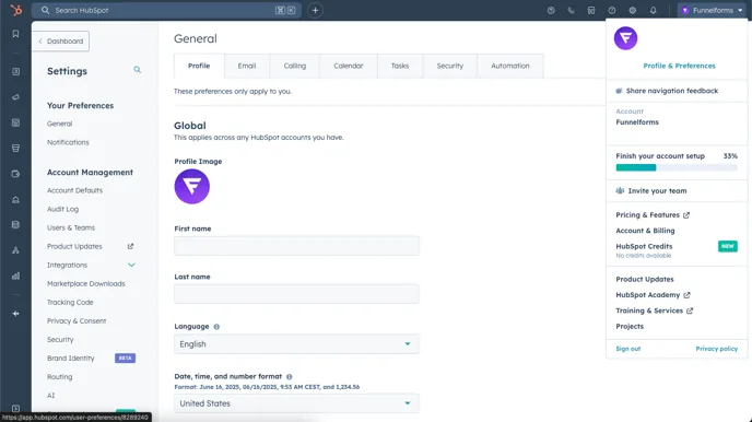 HubSpot → Settings → General → Profile with first and last name, profile menu open at the top right
