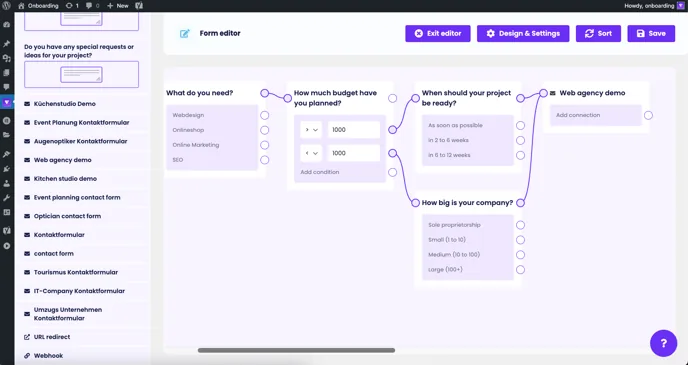 Form logic: slider conditions “> 1000” and “< 1000” control the next path