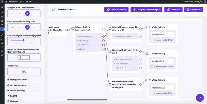 Formularlogik ohne Kontaktformular: jeder Zweig endet in einer eigenen Weiterleitung (Dankeseite 1–3)