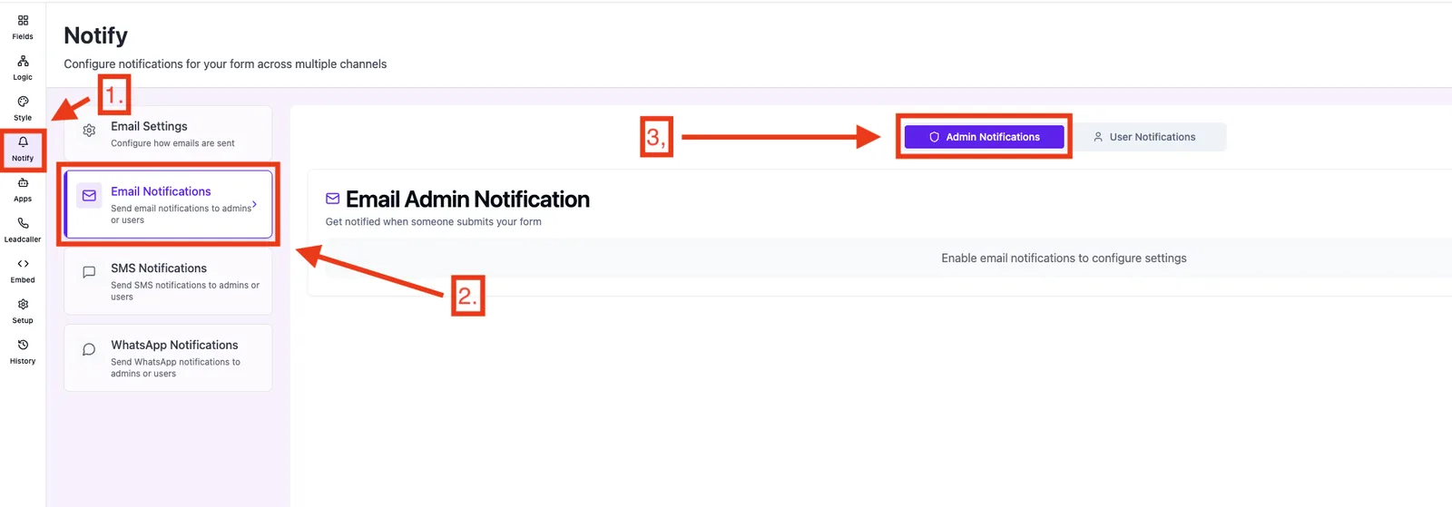 Opening the email admin notification: Notify, Email Notifications, Admin Notifications tab