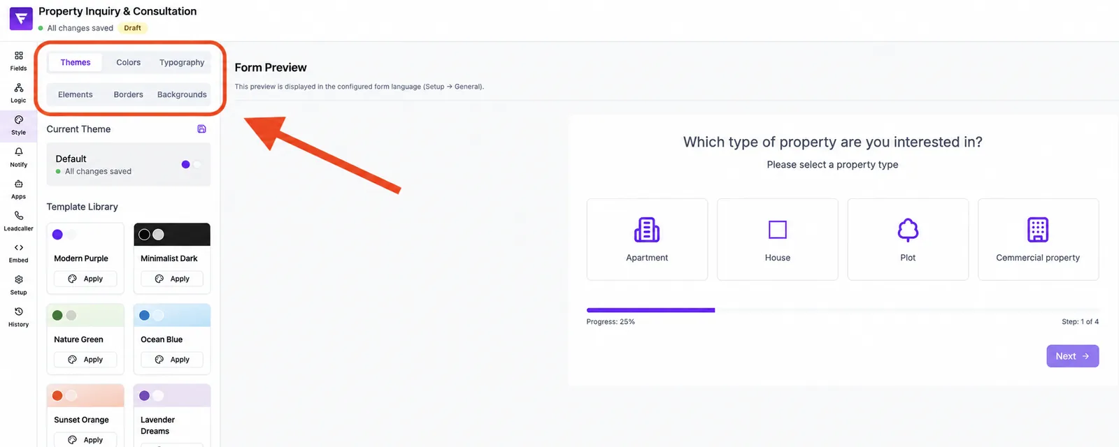 Style section: the tabs Themes, Colors, Typography, Elements, Borders and Backgrounds are highlighted