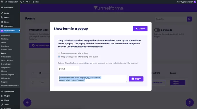 Pop-up after click: generated shortcode selected, Copy button next to it