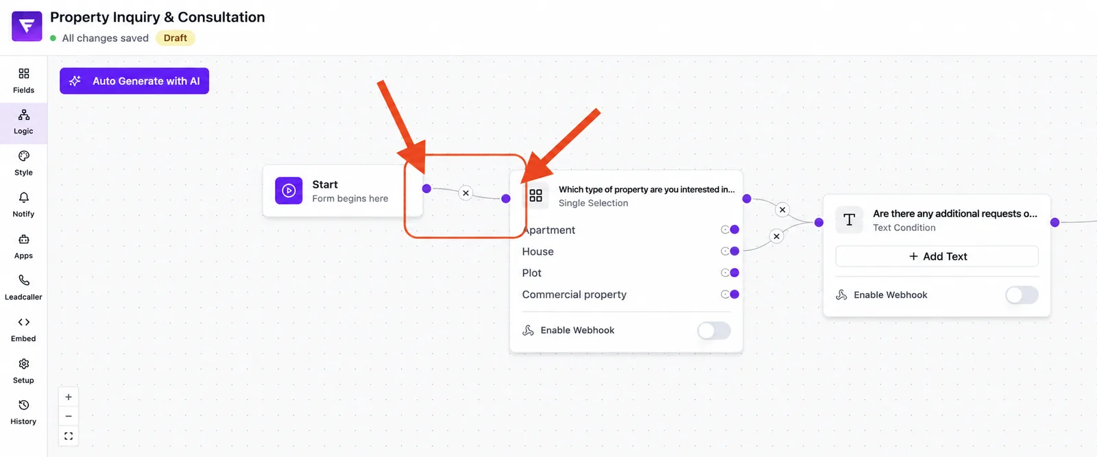 Logic editor: the connection from the Start node to the first question is highlighted
