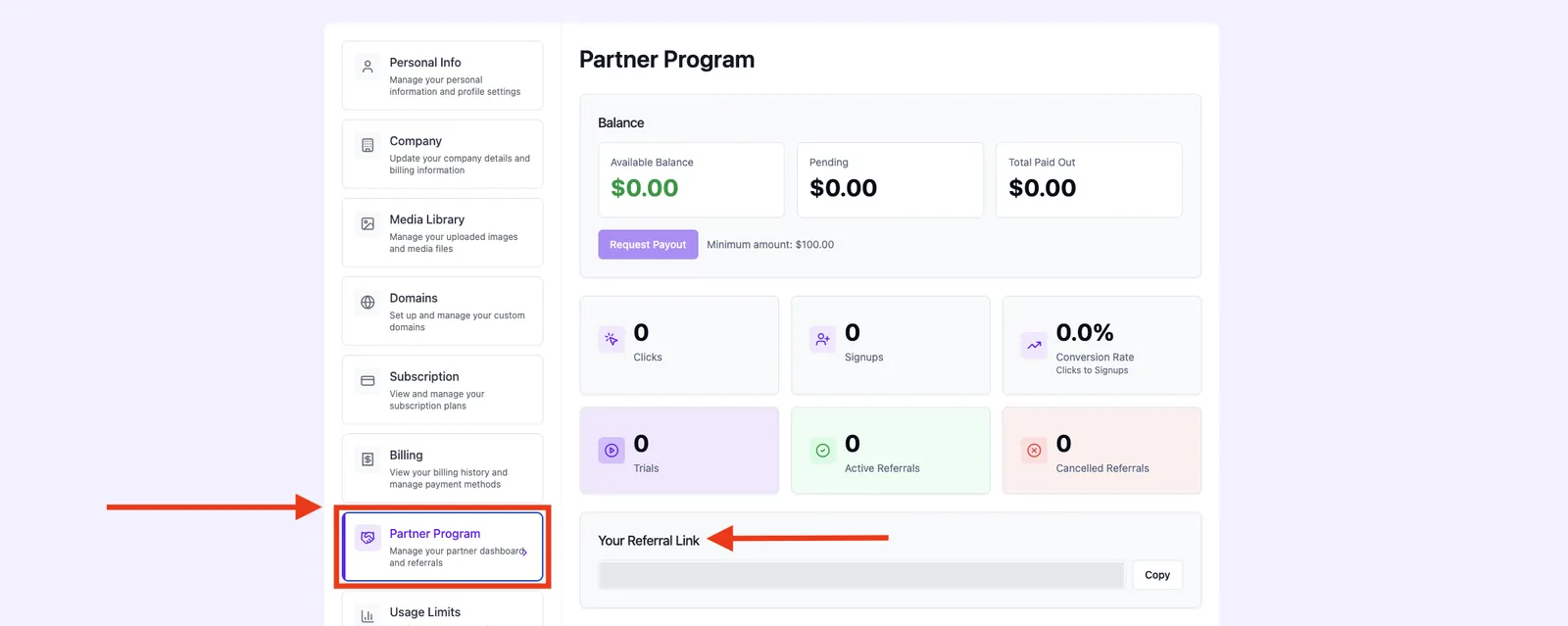 Profile → Partner Program with an arrow on “Your Referral Link”