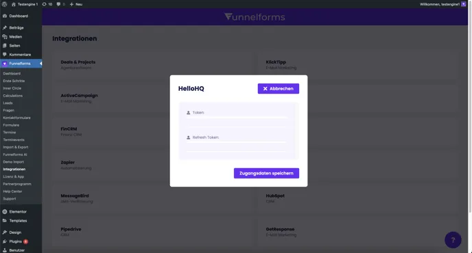Funnelforms Pro → Integrationen → HelloHQ: Dialog mit Token und Refresh-Token