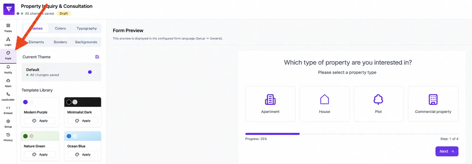 Style section in the form editor with the template library and the form preview