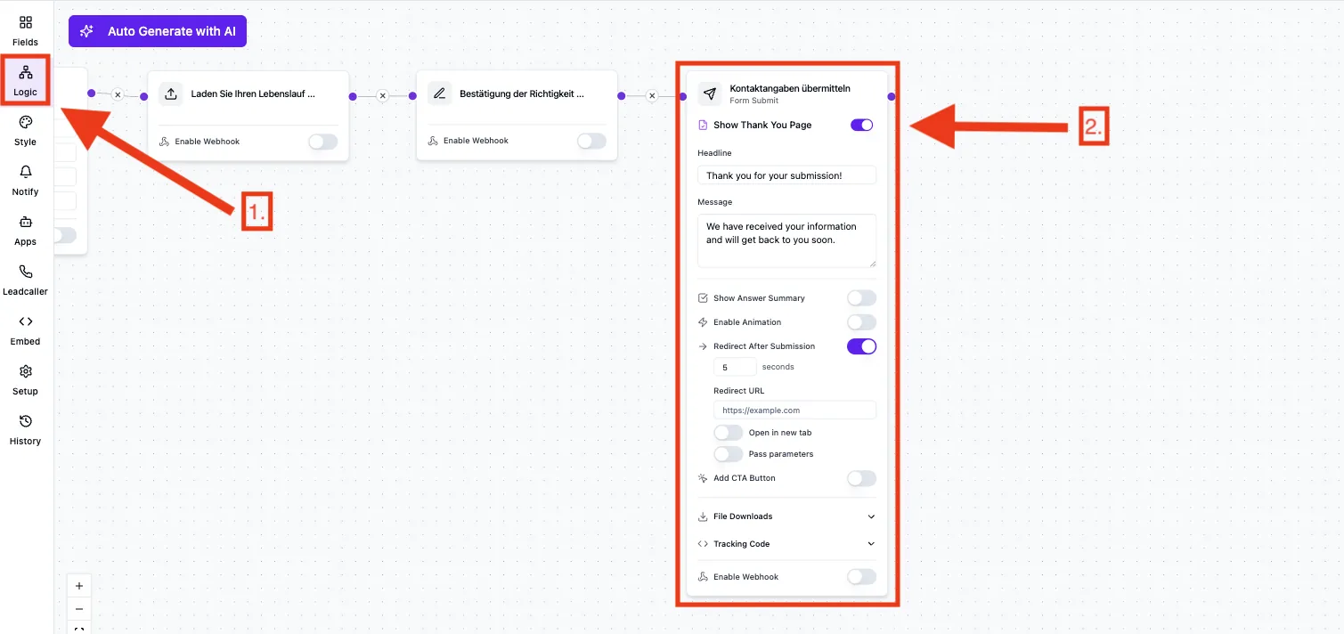 Logic view: submit node with thank-you page, redirect after submission and redirect URL
