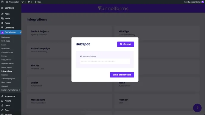 Funnelforms Pro → Integrations → HubSpot: dialog with masked access token