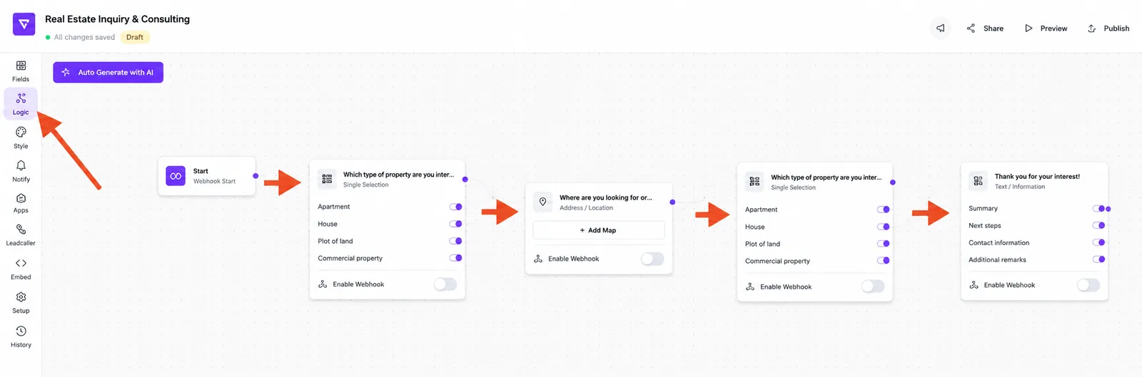 Logic view with the Logic menu item marked and arrows along the steps of the flow