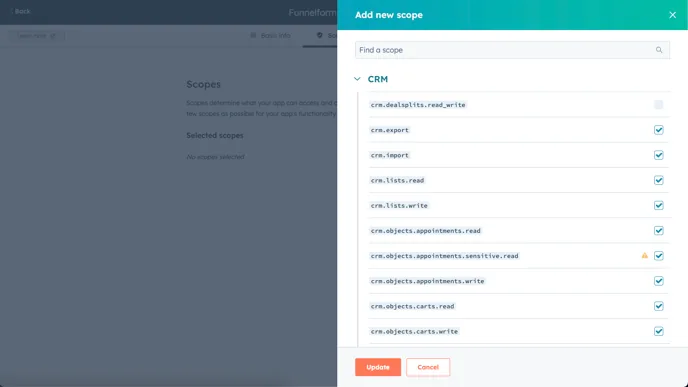 HubSpot: “Add new scope” panel with selected CRM scopes