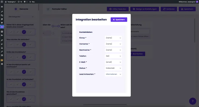 Dialog „Integration bearbeiten“ für HelloHQ: Zuordnung von Firma, Name, Telefon, E-Mail, Status